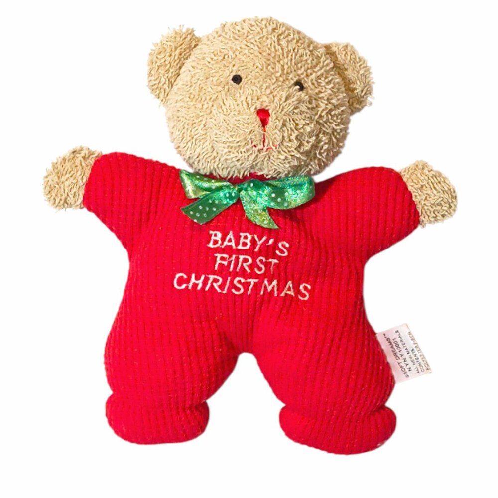 Soft Dreams Baby's First Christmas Bear Rattle Thermal Waffle Lovey Plush Toy 8"
